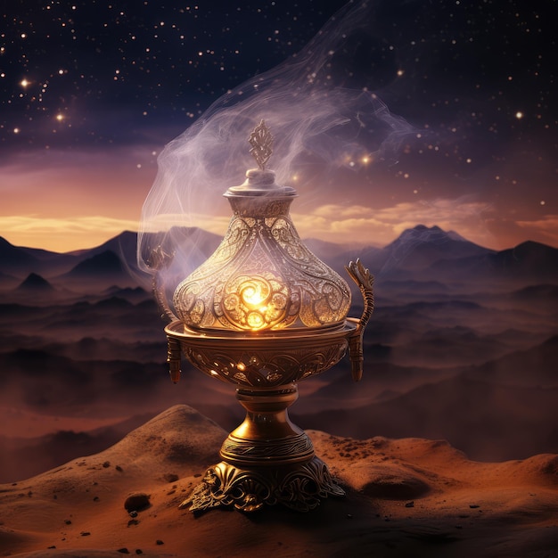 Aladdin's mysterious lamp with glowing fire and smoke on magical night sky