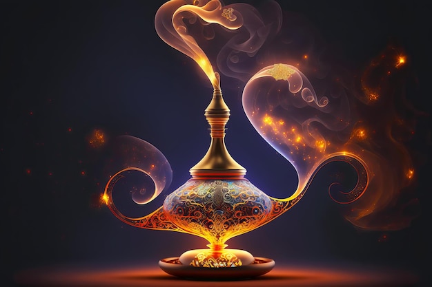 Таинственная лампа Аладдина со светящимся дымом во время появления джинна Генеративная иллюстрация ИИ