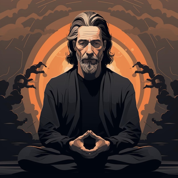 앨런 츠 (Alan Watts) 의 벽화, 명상, 평온한 진동, 회색 배경, 회색 테마, 터 아 (Vector Ar) 의 스타일