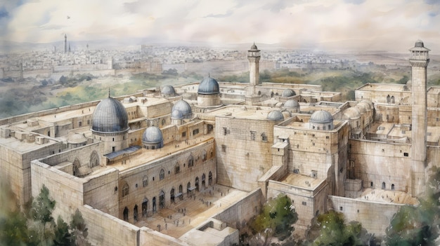 The AlAqsa Mosque aerial view surrounded by the ancient walls of the Old City of Jerusalem