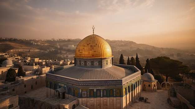 Photo the alaqsa mosque at sunrise golden light with the dome of the rock in the foreground