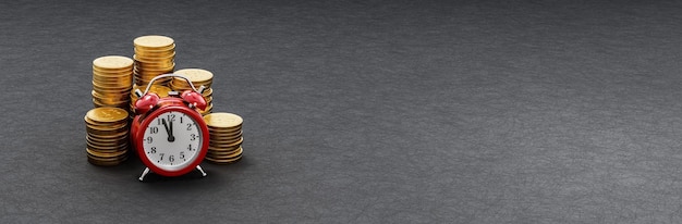 Alarm Clock ahead of Stacks of Coins on Dark Background