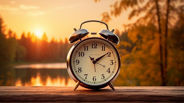 A alarm clock on autumn leaves natural background