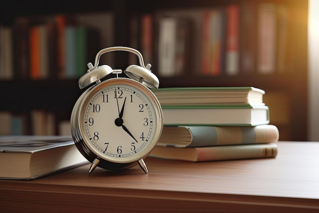 Alarm clock and books on a table