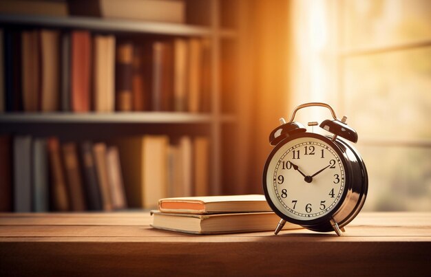 Alarm clock and books on wooden table in front of the window