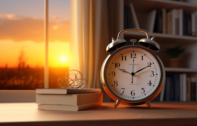 Alarm clock and books on wooden table near window at sunset