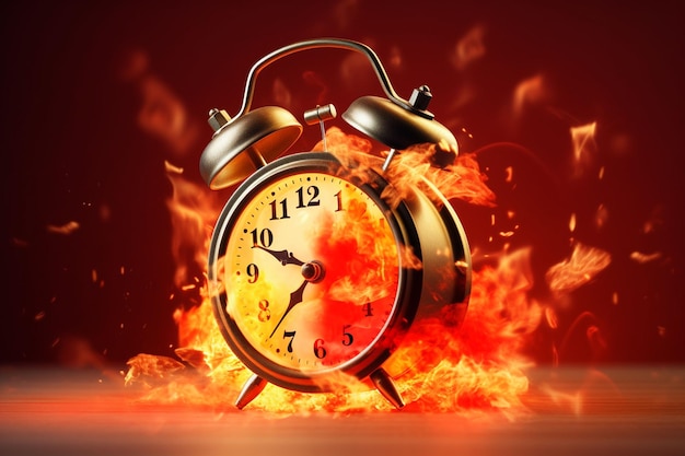 alarm clock burning in flames