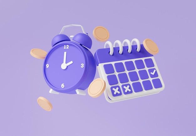 Sveglia e simbolo del calendario con monete che galleggiano su sfondo viola finanza gestione aziendale orologio minimo design in stile cartone animato giorno mese anno tempo concetto 3d rendering illustrazione