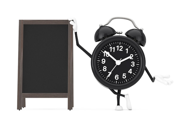 Alarm Clock Character Mascot with Blank Wooden Menu Blackboards Outdoor Display on a white background. 3d Rendering