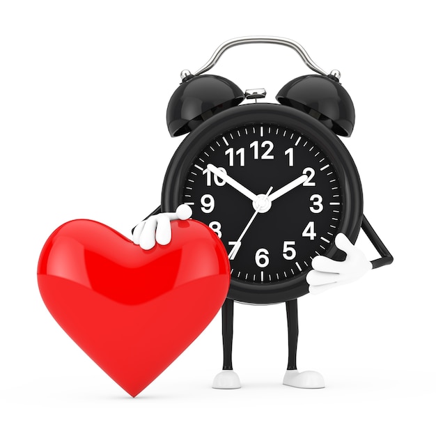 Alarm Clock Character Mascot with Red Heart on a white background. 3d Rendering