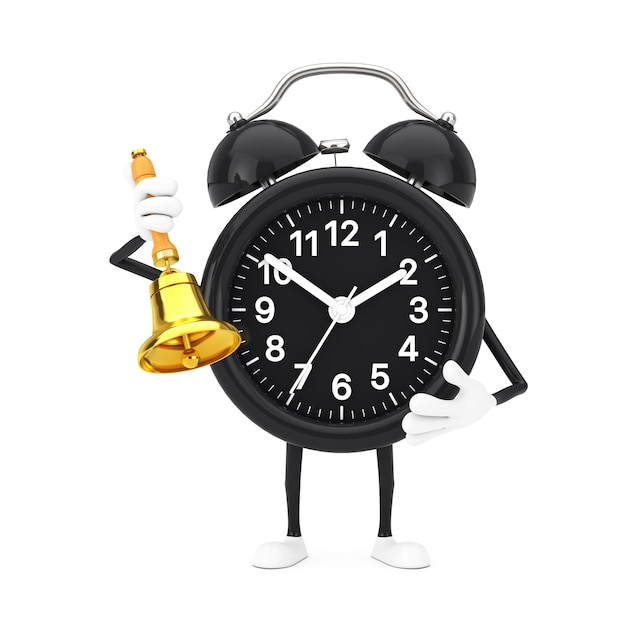 白い背景の上のヴィンテージゴールデンスクールベルと目覚まし時計のキャラクターマスコット。 3Dレンダリング