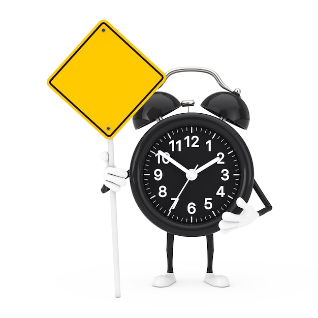 Alarm Clock Character Mascot and Yellow Road Sign with Free Space for Yours Design on a white background. 3d Rendering