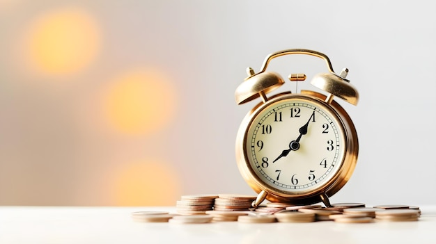 alarm clock and coins and blur background