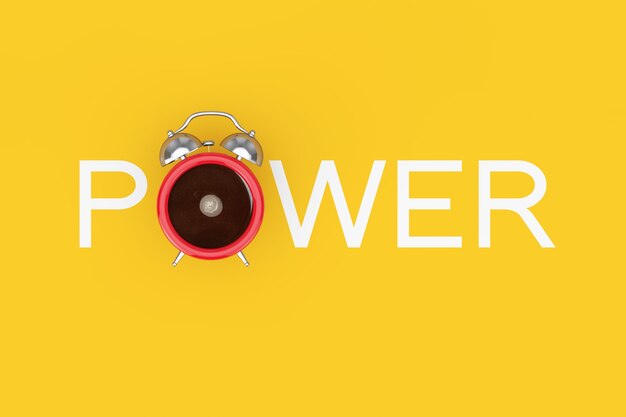 Alarm Clock Cup of Black Coffe as Power Sign on a yellow background. 3d Rendering