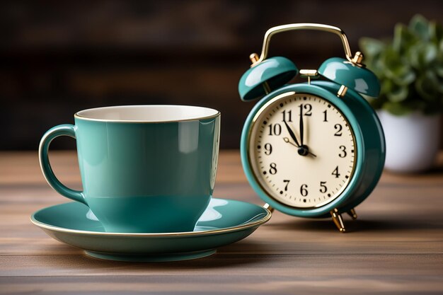 Photo alarm clock and cup of coffee on the table