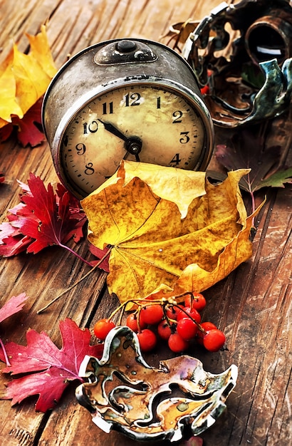 Alarm clock and fallen leaves