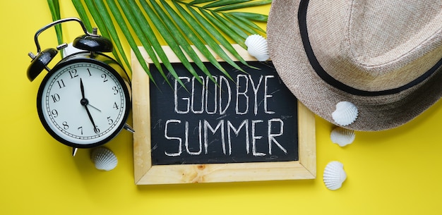 Alarm Clock Fedora Hat, Palm Leaf, Sea Shells and Blackboard Room