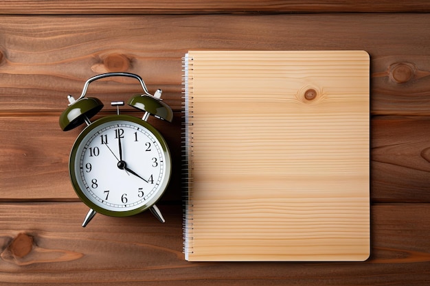 Alarm clock in female hands and a green book on a wooden background