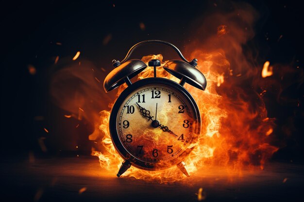 Alarm clock on fire background Time is running out concept