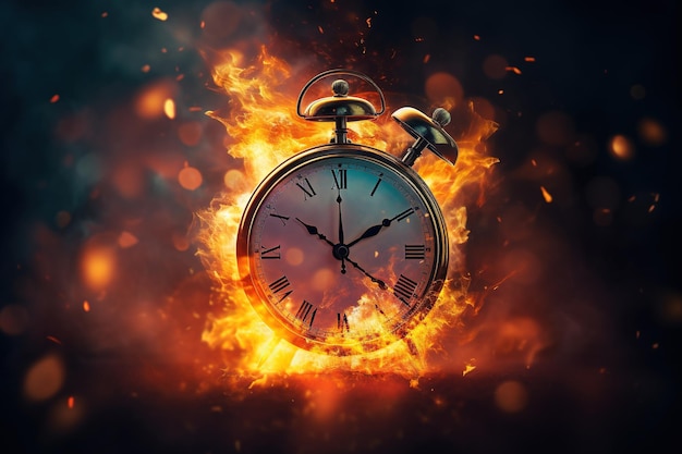 Alarm clock on fire background Time is running out concept