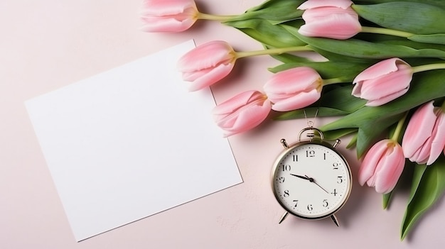 A alarm clock flower background daylight saving time and spring concept