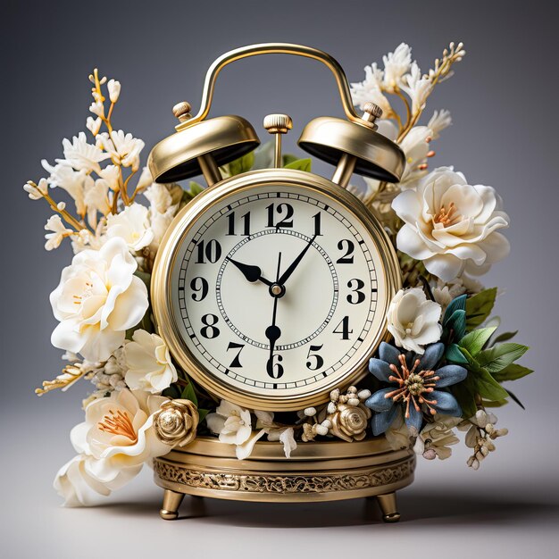 Photo alarm clock and flowers isolated on plain white background only