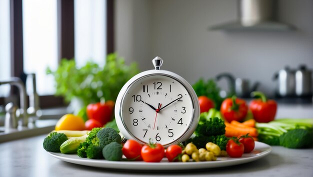 Alarm clock fresh assorted vegetables on kitchen background