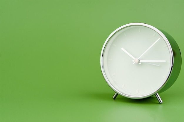 時間の貴重な時間を扱う緑の背景の時間概念の目覚まし時計