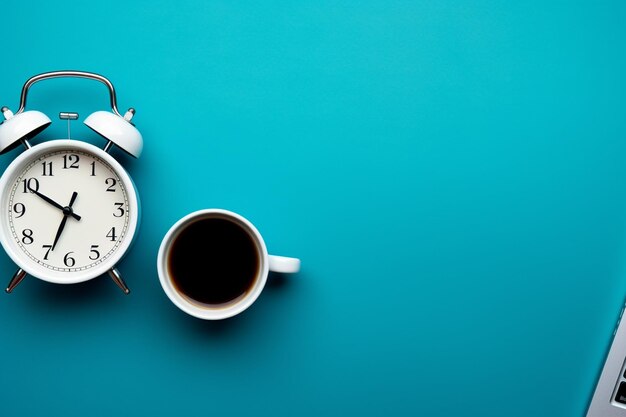 Foto orologio sveglia portatile e tazza di caffè su sfondo blu piatto