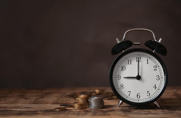 Alarm clock and money on wooden table