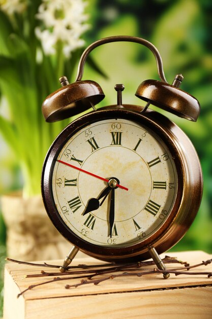 Alarm clock on nature background