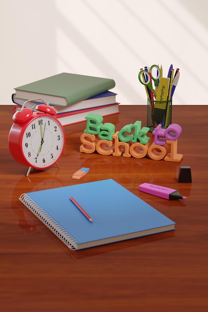 Alarm clock pencils and books on a desk Back to school concept 3d illustration