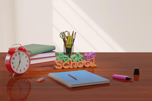 Photo alarm clock pencils and books on a desk with copy space back to school concept 3d illustration