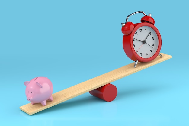 Alarm clock and piggy bank balancing on seesaw. Time is money concept. 3d illustration