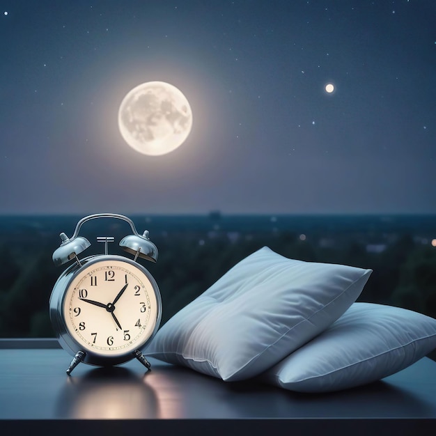 Будильник и подушка на столе с красивым ночным небом на заднем плане