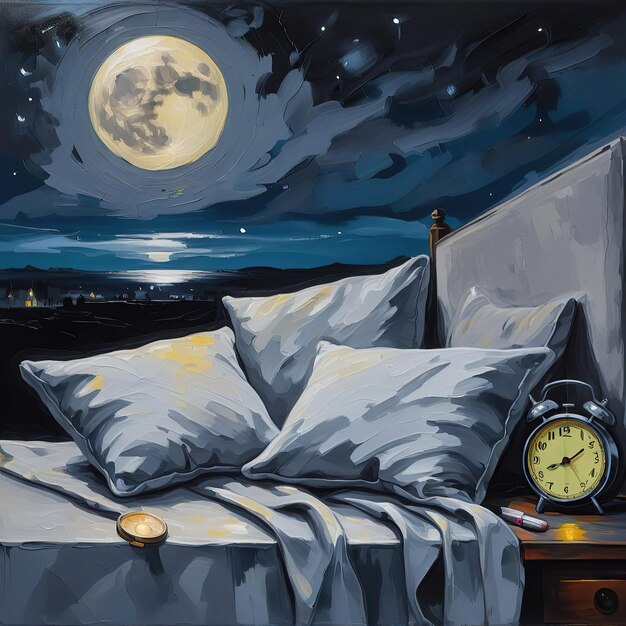 Alarm clock and pillow on table with beautiful night sky background