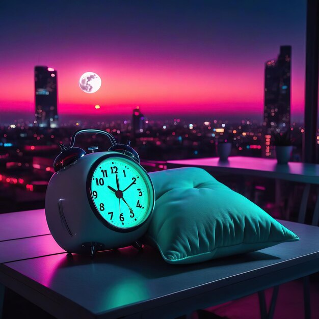 Alarm clock and pillow on table with beautiful night sky background