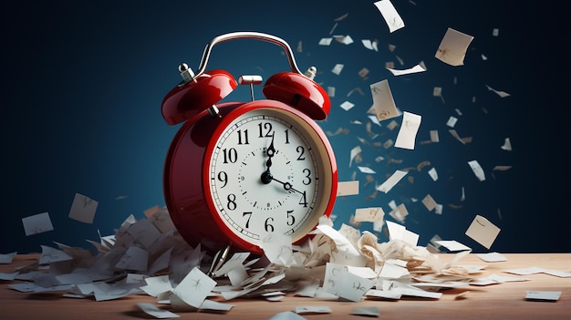 alarm clock and red paper confetti on black background