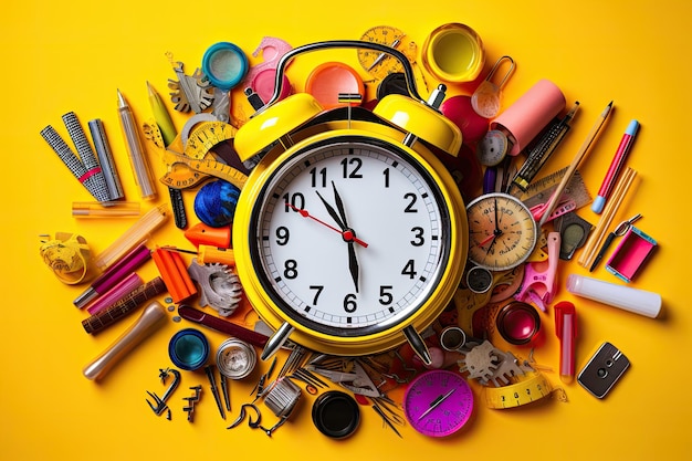 Alarm clock and school supplies on yellow background Back to school concept Alarm clock paint pencils and scissors School accessories on a yellow background View from above AI Generated