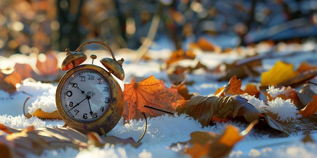 Alarm Clock Set Against a Backdrop of Fall Leaves