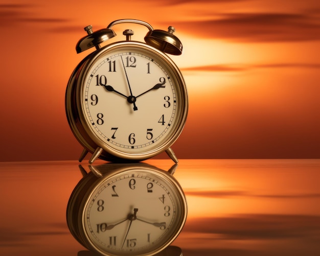 an alarm clock sitting on top of a table with a sunset in the background