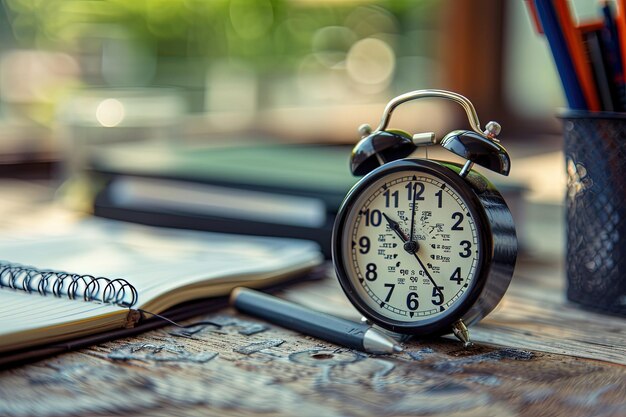 An alarm clock sitting on top of a wooden table