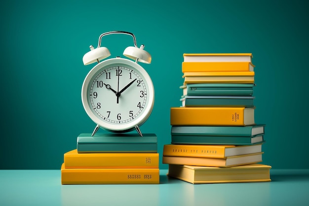 目覚まし時計と緑の背景に本のスタック 学校のコンセプトに戻る