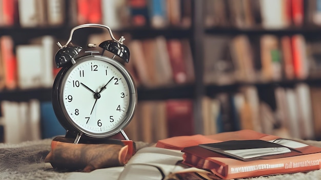 alarm clock over stack of books