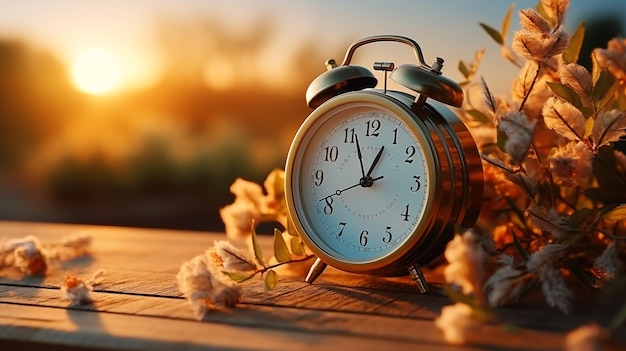 Alarm clock at sunrise in nature Alarm clock and fall leaves on outdoor table End of summer time Generate Ai