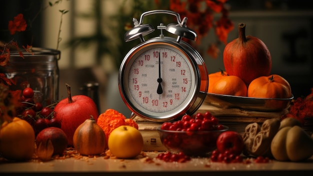 Photo alarm clock surrounded by fruits and vegetables