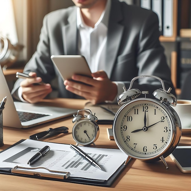 Alarm clock on table in front of business man using laptop