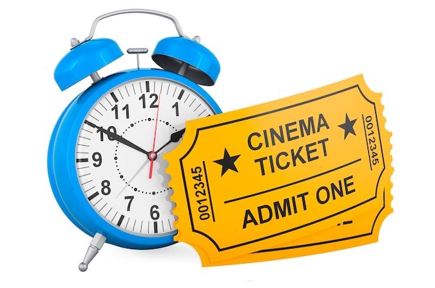 Alarm clock with cinema tickets 3D rendering