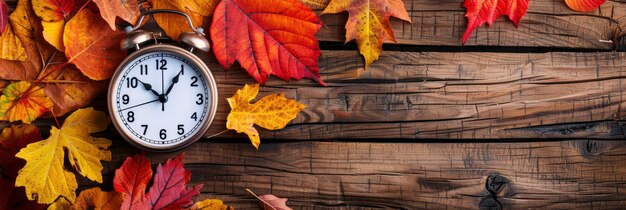 Foto orologio sveglia con foglie colorate su un tavolo di legno