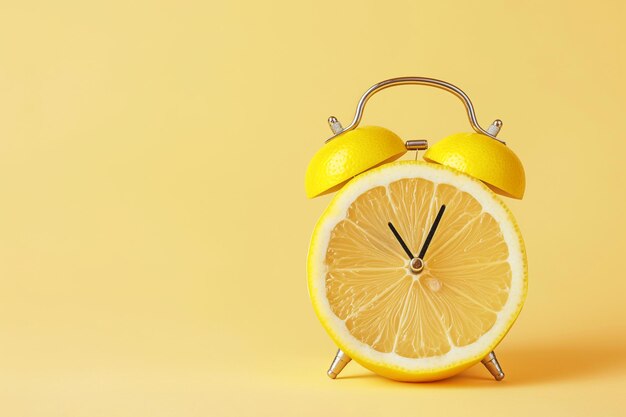 Foto orologio sveglia con un frutto di limone tagliato al posto del quadrante dell'orologio orario estivo benvenuti all'estate concetto minimale creativo vitamine frutta e dieta vegana orologio risveglio agrumi